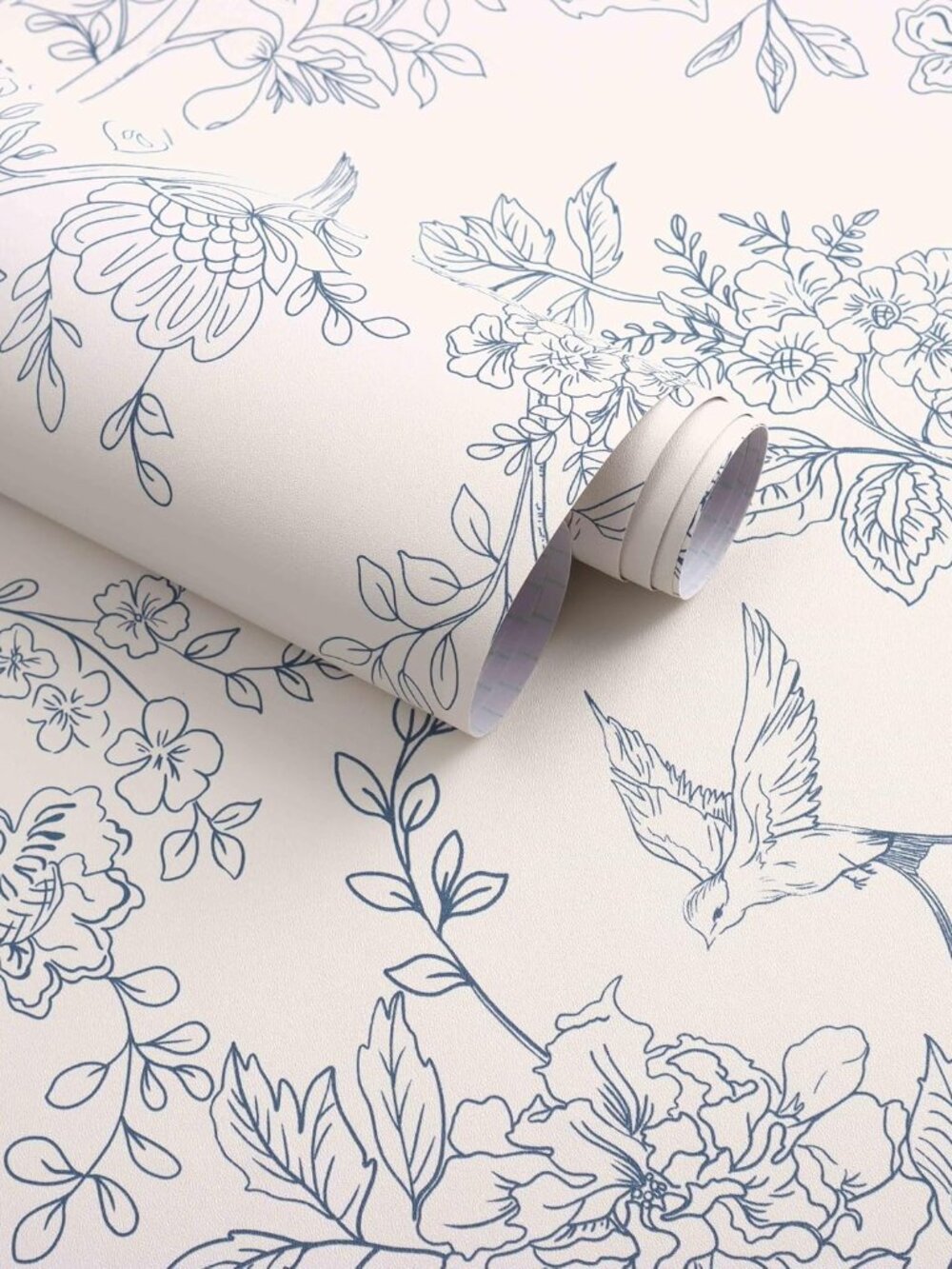 Cream White and Blue Peel and Stick Wallpaper Floral Contact Paper